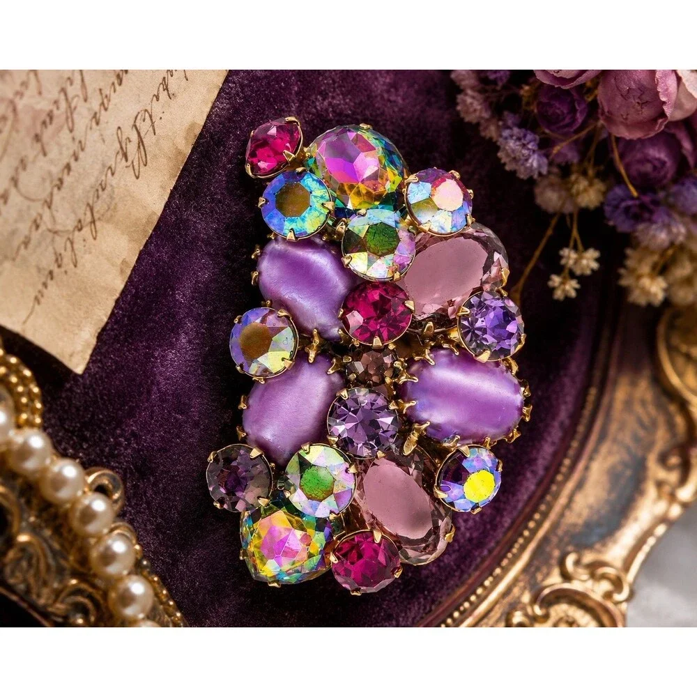 Vintage 1950s Lavender Satin Glass AB Rhinestone Cluster Brooch Pin Gold Tone